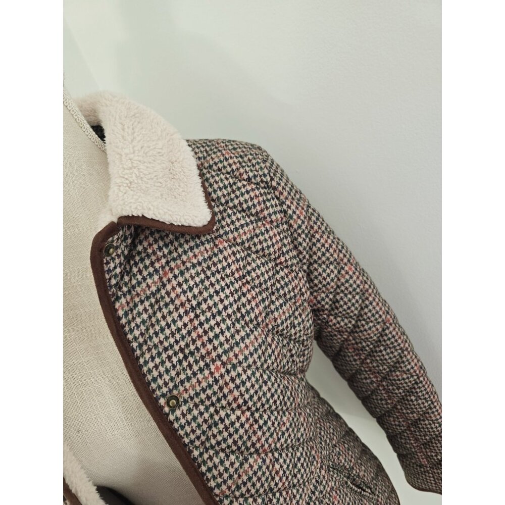 Lauren Ralph Lauren Houndstooth Quilted Jacket S Brown Green Faux Sherpa Collar - Picture 4 of 14